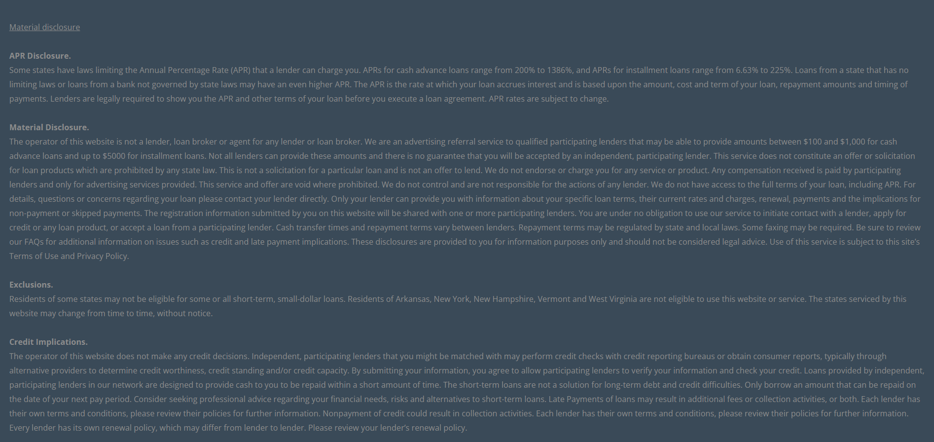 Material disclosure for payday loans in Clarksville Tennessee